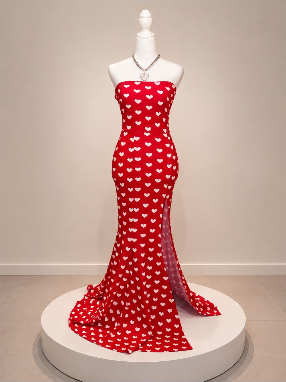 Red Heart-Print Strapless Mermaid Dress